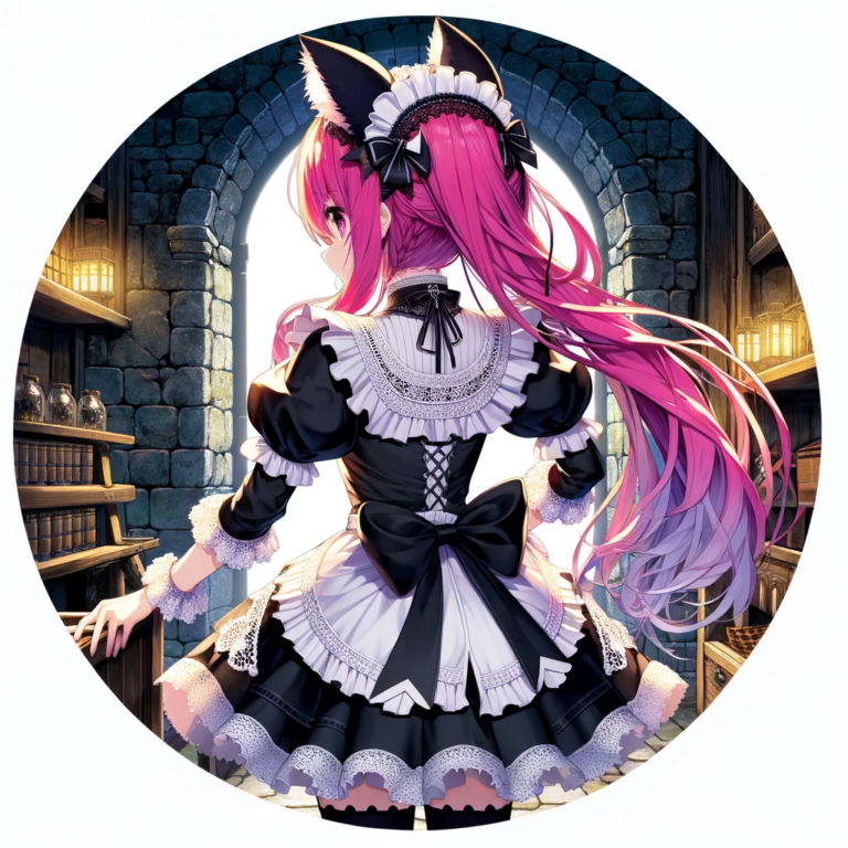 Linda Sandate 3 DALL·E 2024 01 03 17.50.00 Anime character Alina in her maid outfit with black cat ears viewed from behind in a dungeon setting within a circular icon depicted in anime style