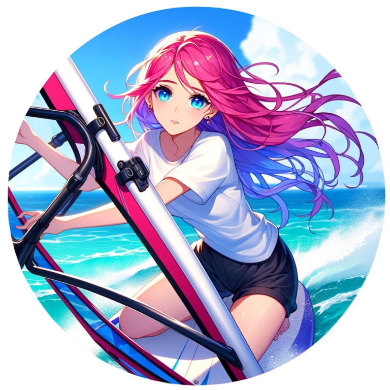 Startseite Allgemein 2 DALL·E 2024 01 03 17.57.48 Anime character Alina in a circle icon depicted in anime style with normal colors as shes windsurfing. She has long vibrant pink hair in soft waves