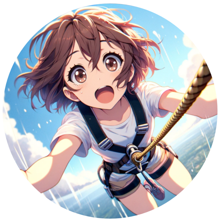 Startseite Allgemein 3 DALL·E 2024 01 03 17.56.01 Anime character Sarah in a circle icon depicted in anime style with normal colors as shes bungee jumping with a rope. Sarah has short wild brown ha 768x768 1