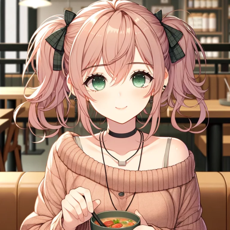 Datenschutz 3 DALL·E 2024 02 08 09.31.47 Create a square image of a 23 year old anime girl named Aline sitting in a restaurant. Aline has light pink hair styled in two side ponytails secure