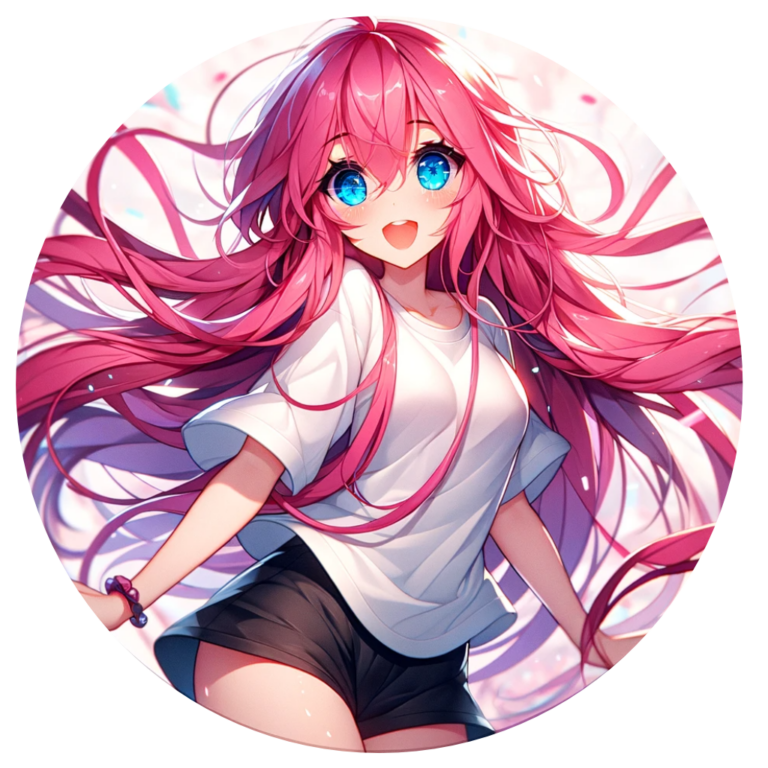 Linda Sandate 4 DALL·E 2024 02 09 13.00.41 Create an anime style image of Aline a 21 year old girl with light pink hair styled in two cute ponytails holding a glowing book. Aline has deep for