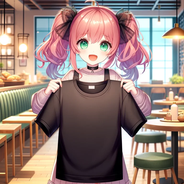 Startseite Allgemein 15 DALL·E 2024 02 20 09.29.06 Create an image in Degercy anime style of Aline a 21 year old girl with lively pink hair styled in two cute pigtails and deep forest green eyes pres