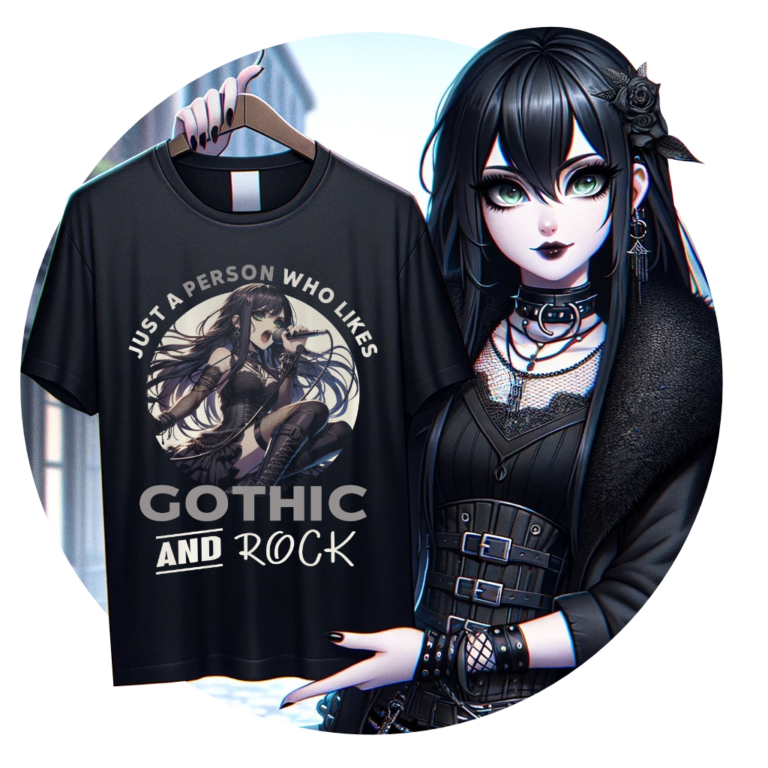 Sandra Gotha 2 Sandra Gotha ein Mädchen die den Gothic Style liebt und ein Tshirt mit Just a girl who likes Gotfic and Rock hochhält