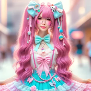 a woman with pink hair and pink bows